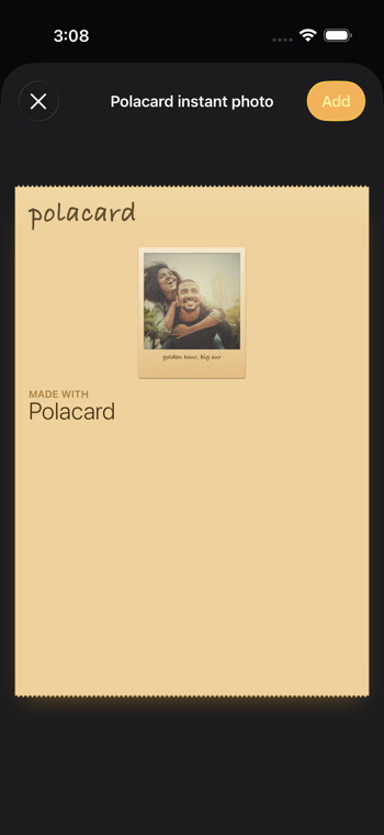 A Polacard pass on iOS 26, shown as a framed instant print in Apple Wallet